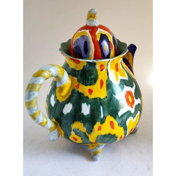 TEAPOT/ANTHROPOLOGY-Blackbird-Green-Yellow-"Tie Dye" Design-Hand Painted-4 cups - Picture 3 of 14